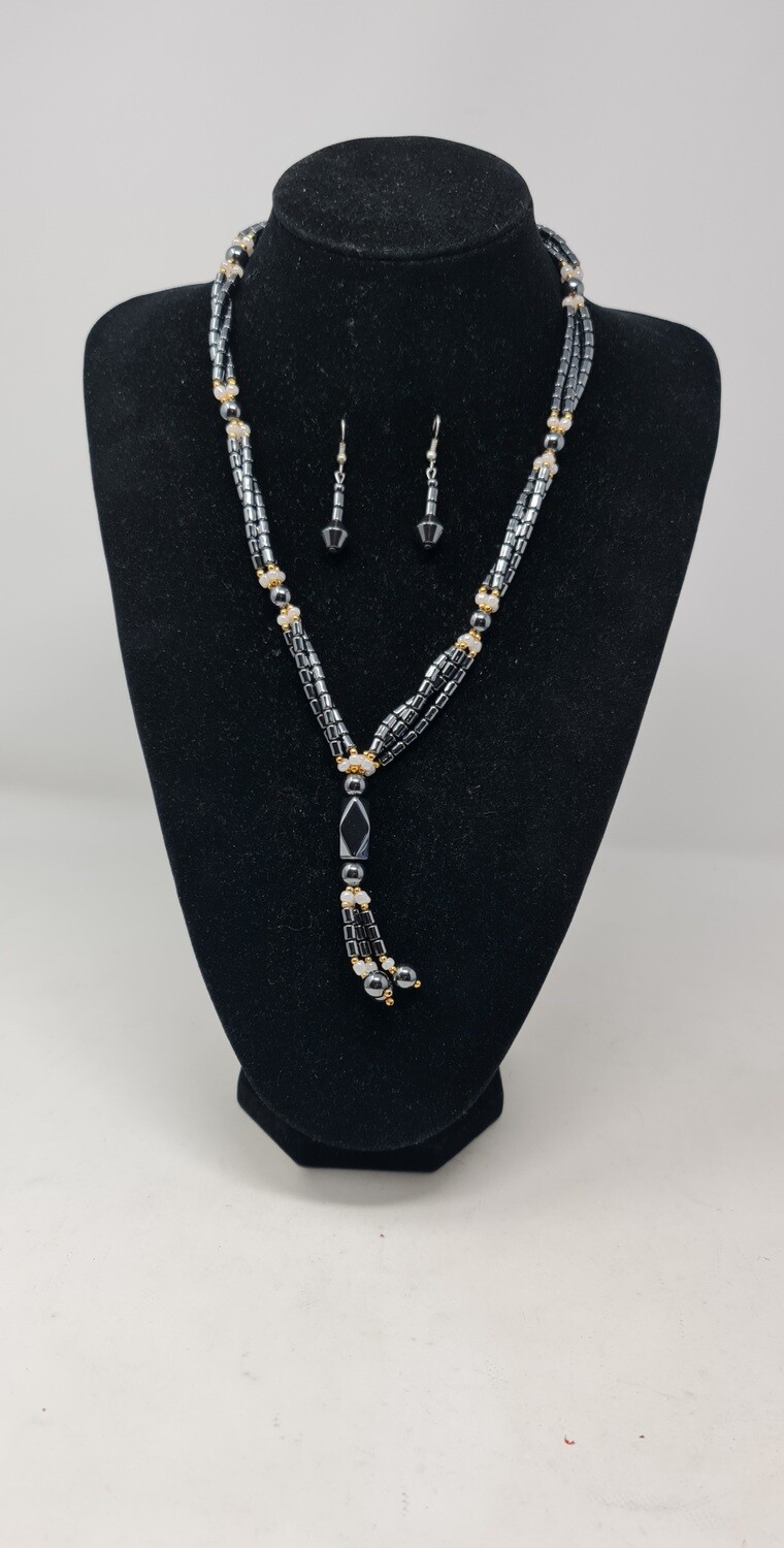 Hematite and Beads Mix Necklace Set with Matching Earrings