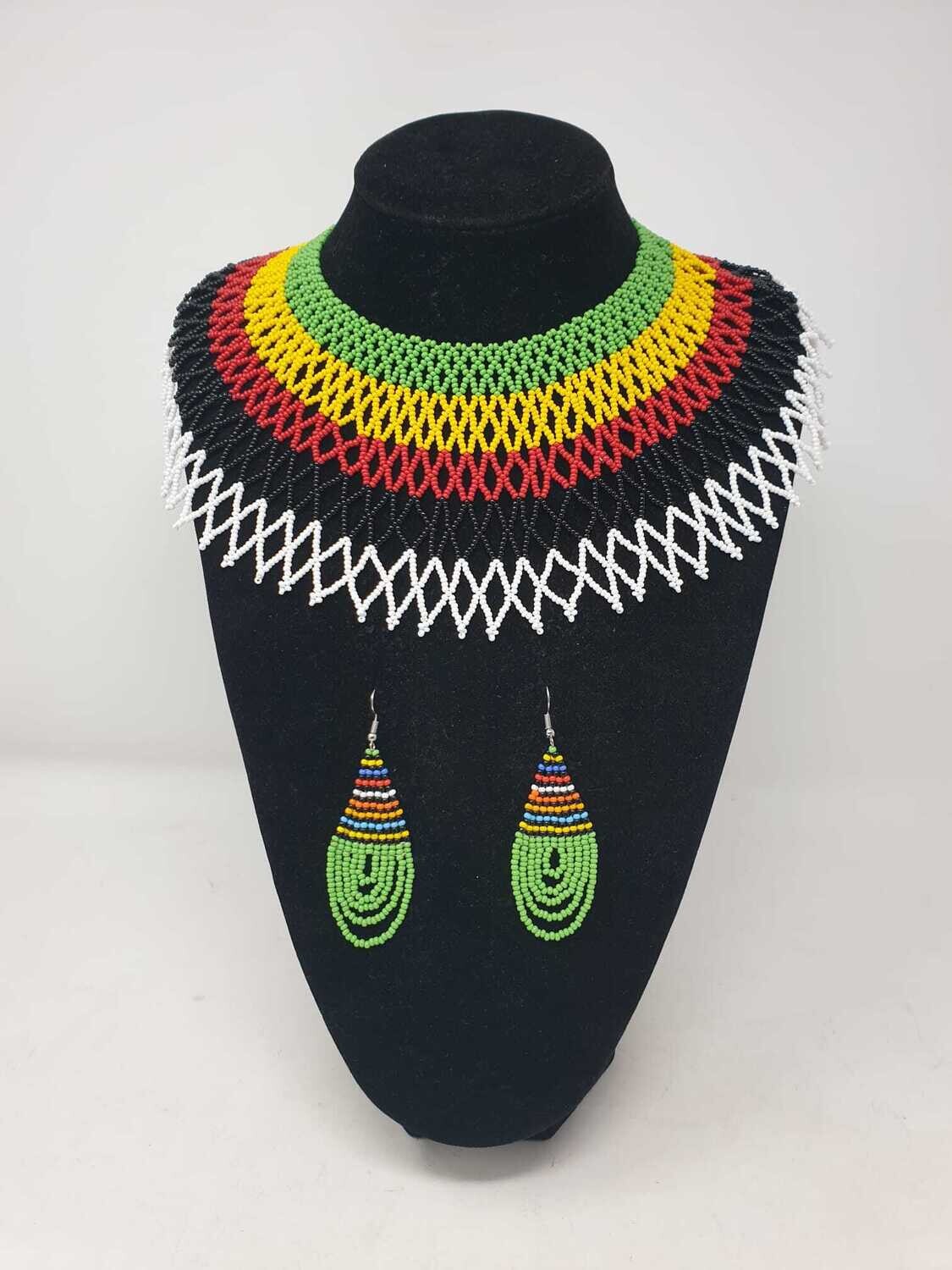 Handbeaded Necklace with Matching Earrings - Green Mix