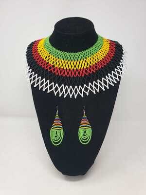 Handbeaded Necklace with Matching Earrings - Green Mix