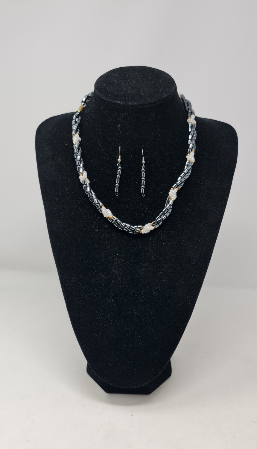 Hematite and Beads Mix Necklace Set with Matching Earrings
