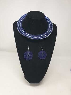 Masai Beaded Necklace with Matching Earrings - Blue and White
