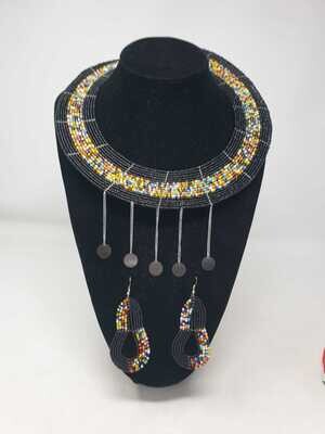 Masai Beaded Necklace with Matching Earrings - Black Mix