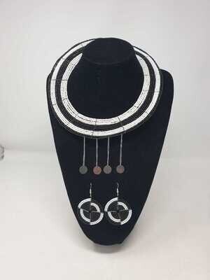 Masai Beaded Necklace with Matching Earrings - Black and White Mix