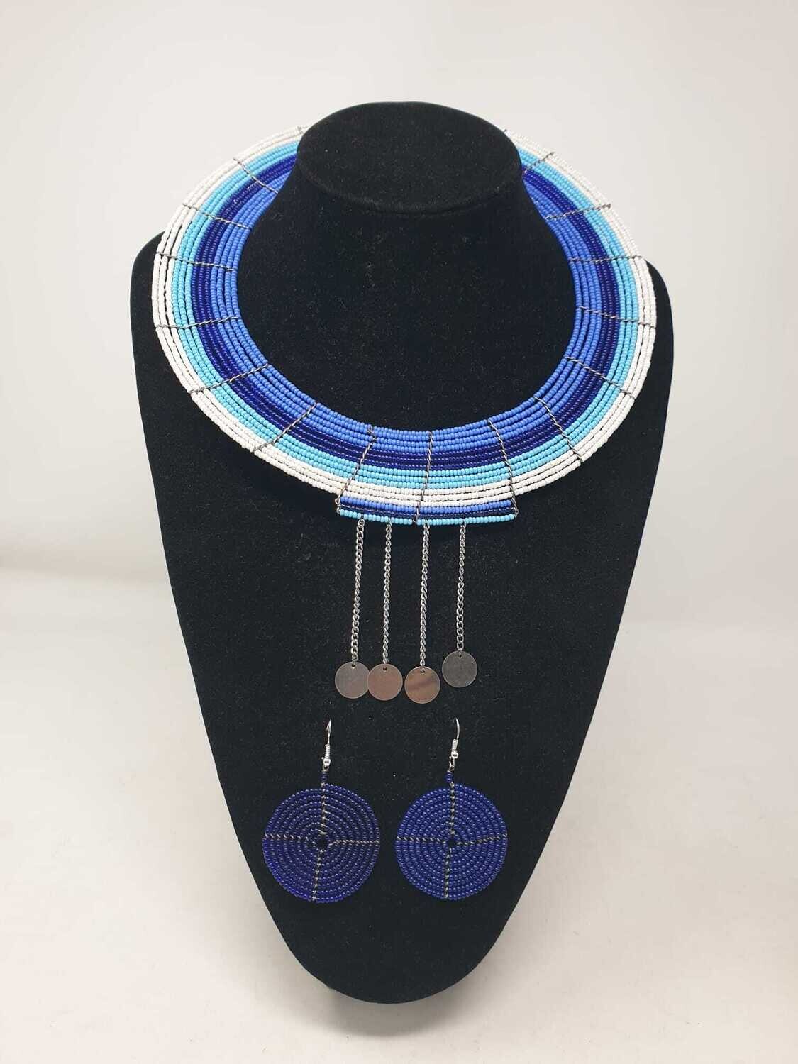 Masai Beaded Necklace with Matching Earrings - White and Blue