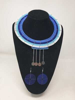 Masai Beaded Necklace with Matching Earrings - White and Blue