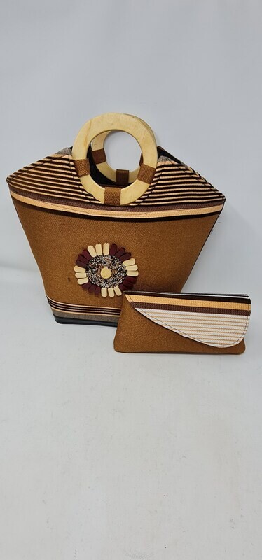 Wooden handle Handbag With Matching Clutch Bag - Ima