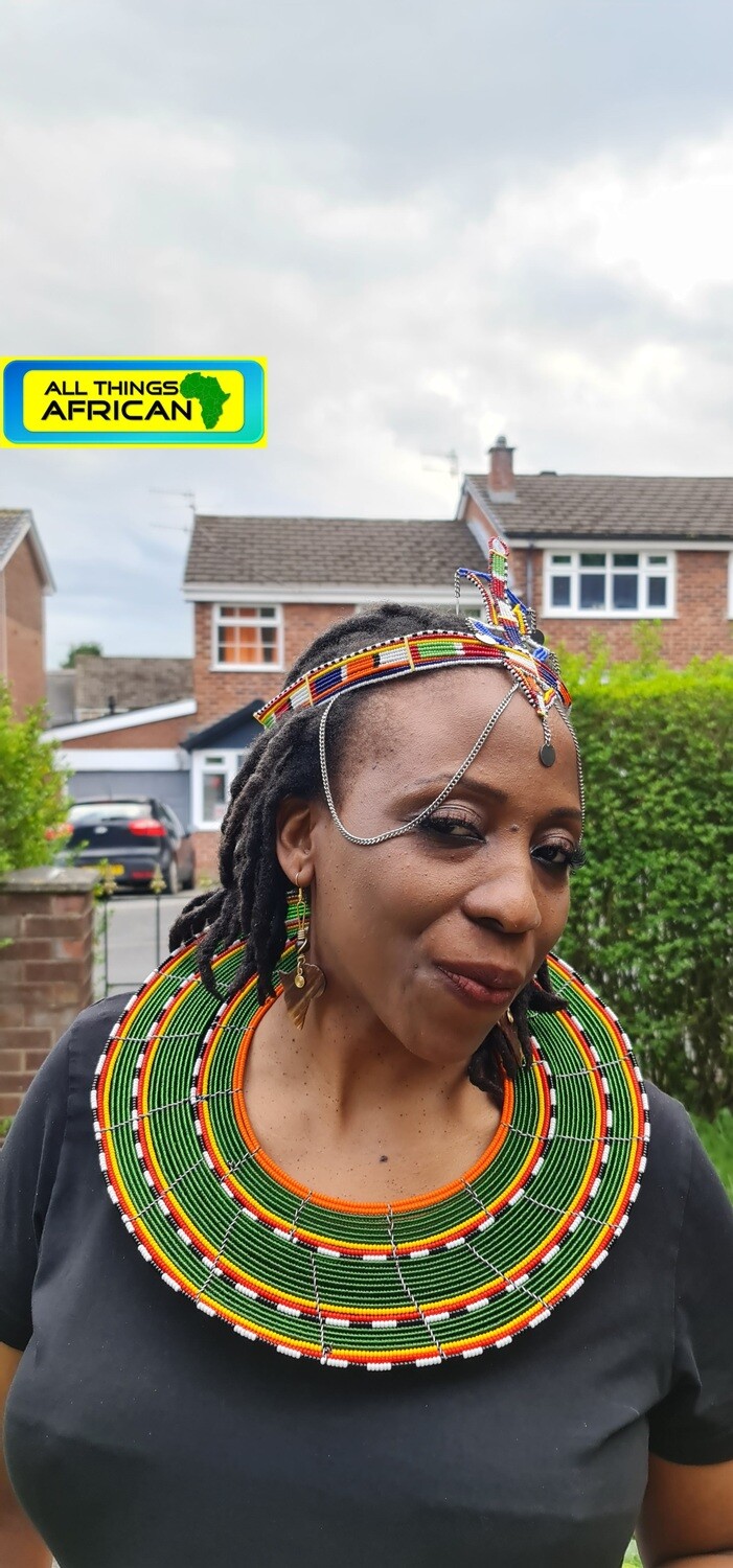 Masai Beaded Necklace with Matching Earrings - Green Mix