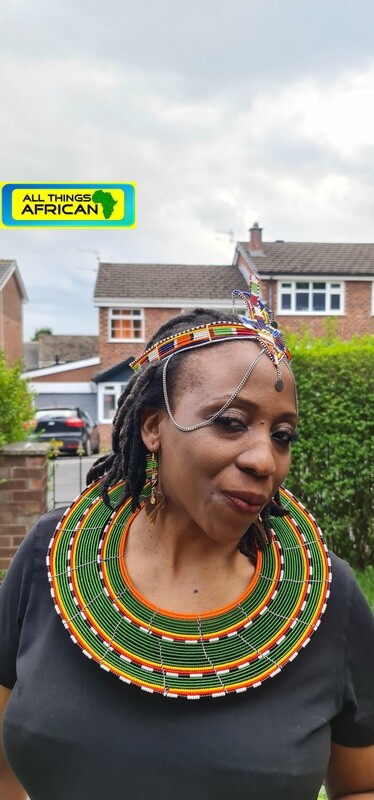Masai Beaded Necklace with Matching Earrings - Green Mix
