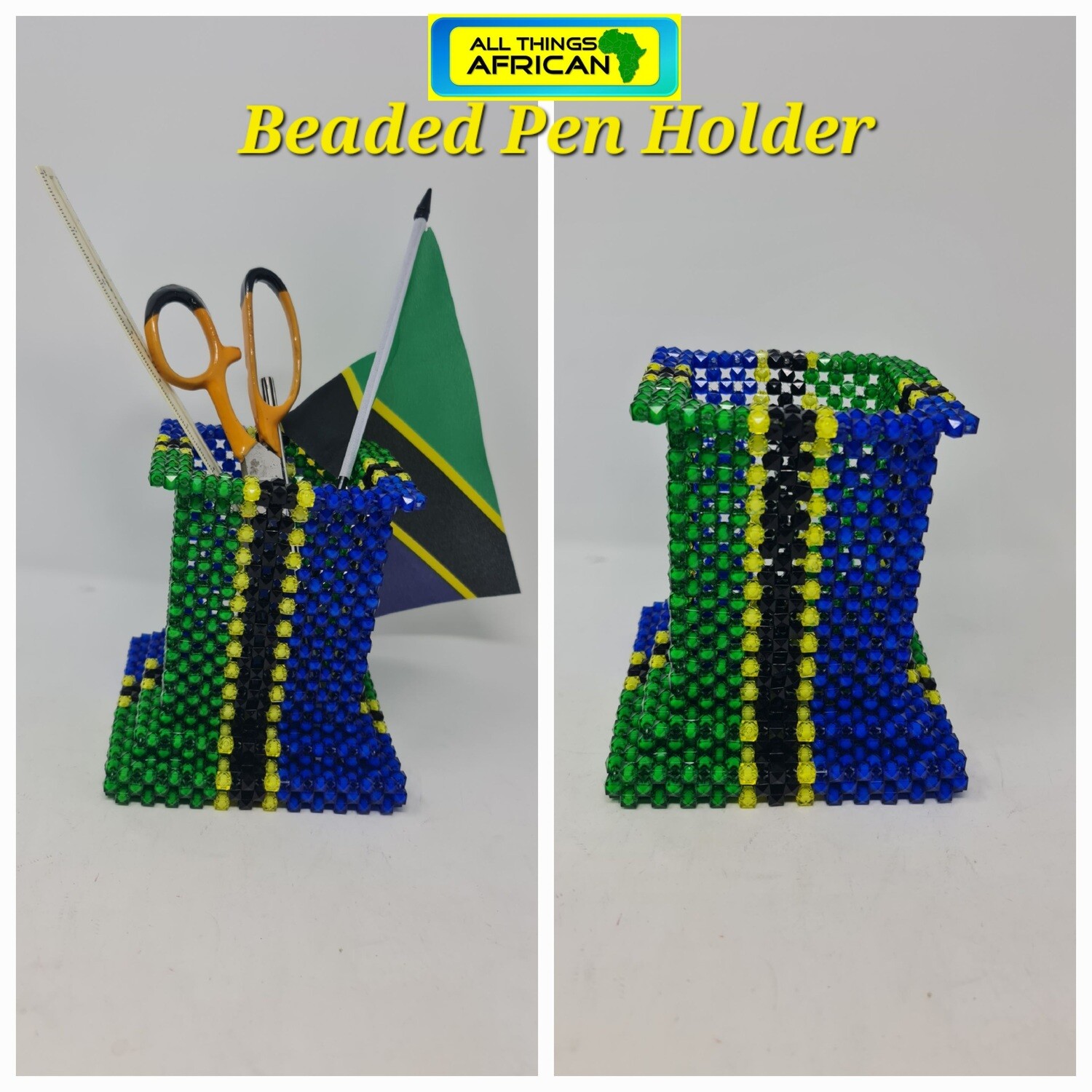 Hand Beaded Pen Holder with Tanzania Flag Colours