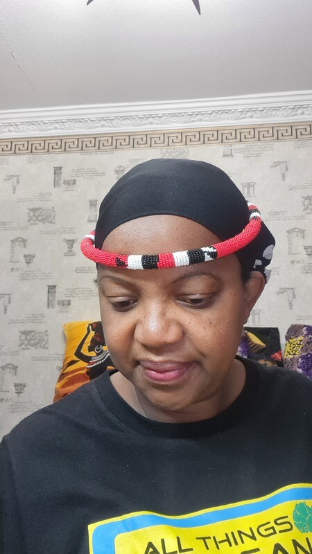 African Beaded Necklace/Headress - Red, White and Black