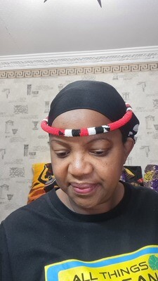 African Beaded Necklace/Headress - Red, White and Black