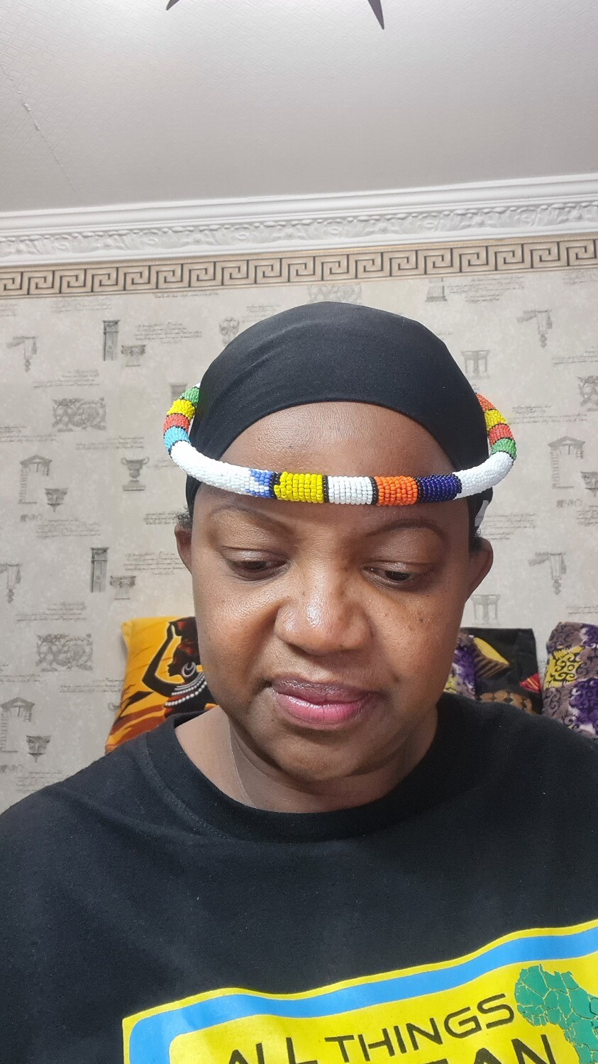 African Beaded Necklace/Headress - White Mix