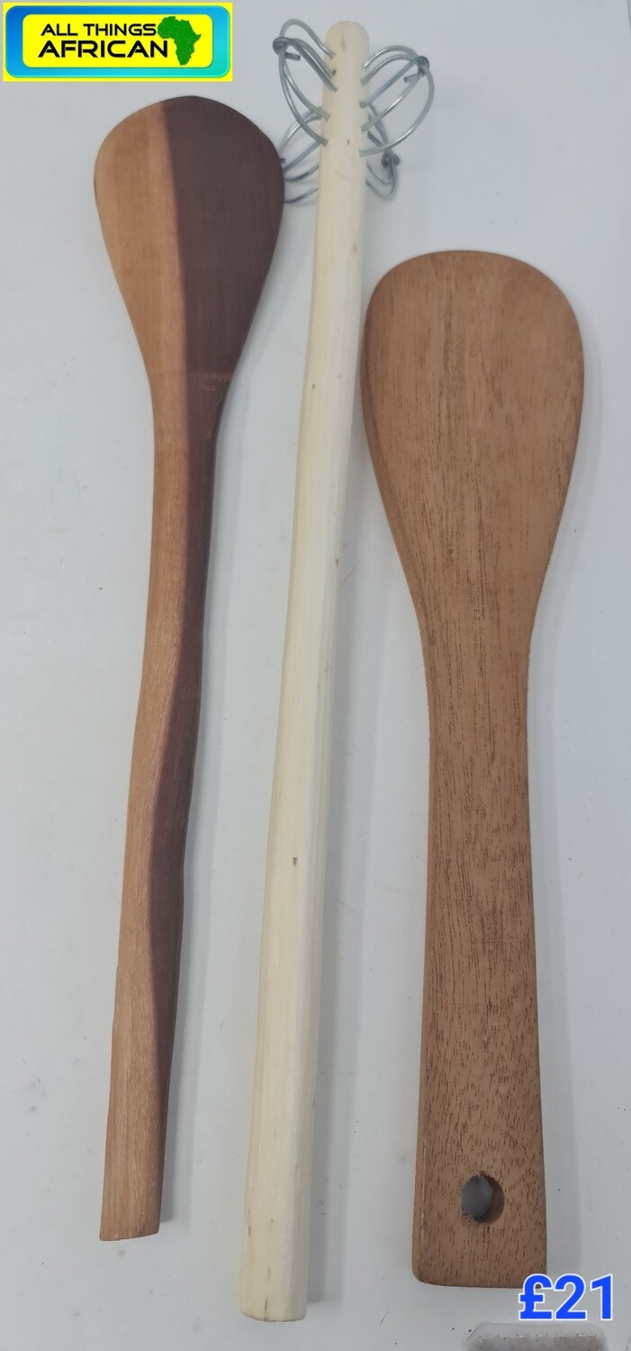 Carved Natural Wood Cooking Spoon Set - Jirani