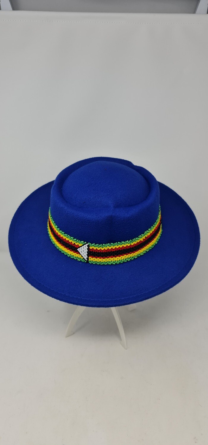 Fedora Hat with Beads - Royal Blue with Zimbabwe Flag