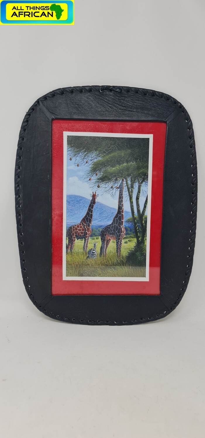Hand Painted African Art Framed in Leather - Twiga
