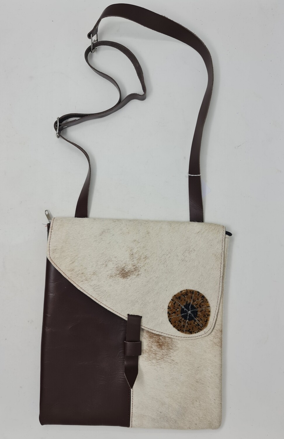 Handmade Cross-Body Laptop Bag - Leather and Gold Mix beads