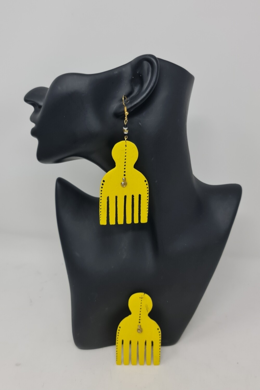 Afro Comb Yellow - Hand Carved Wooden Earrings - 4cm x 7cm