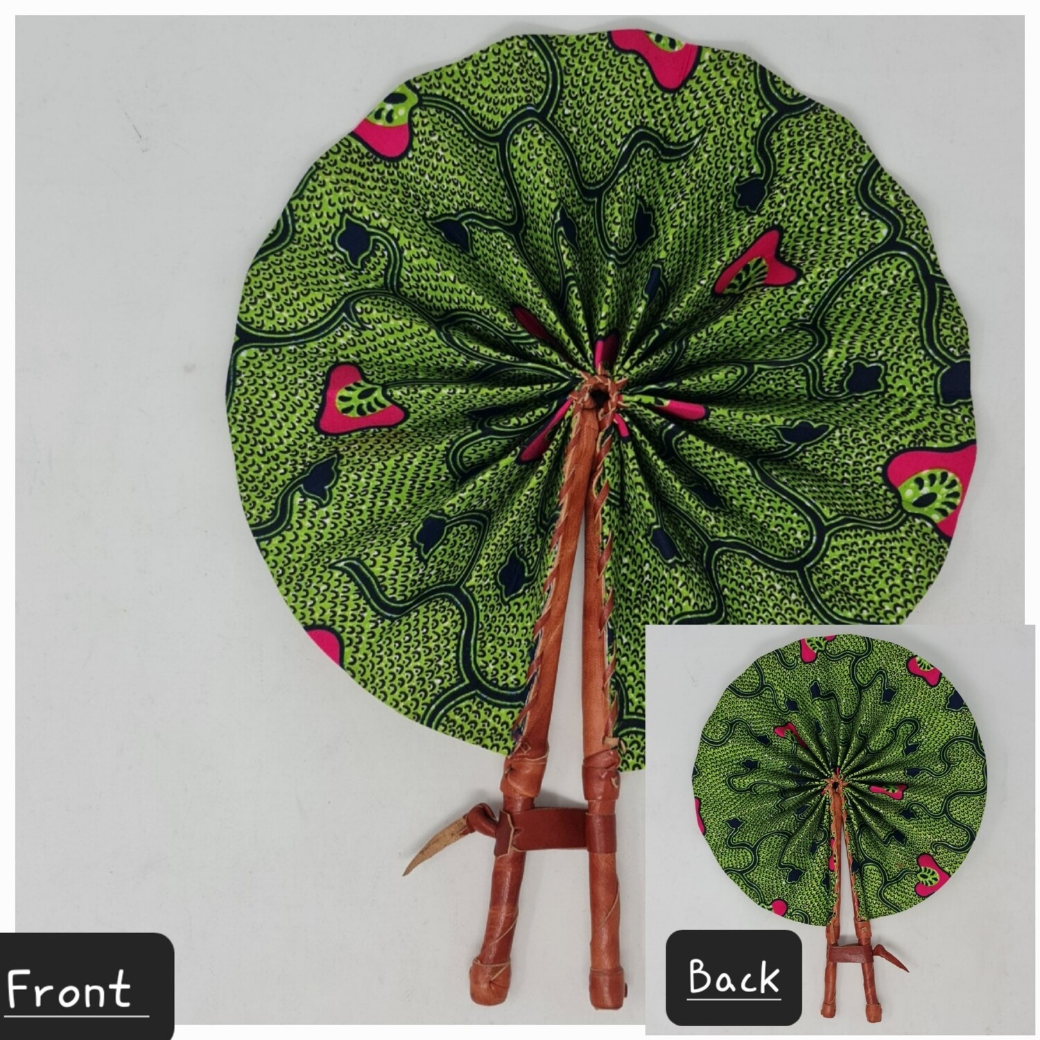 Handmade - Folding Hand Fan - African Print and Leather - Kuta