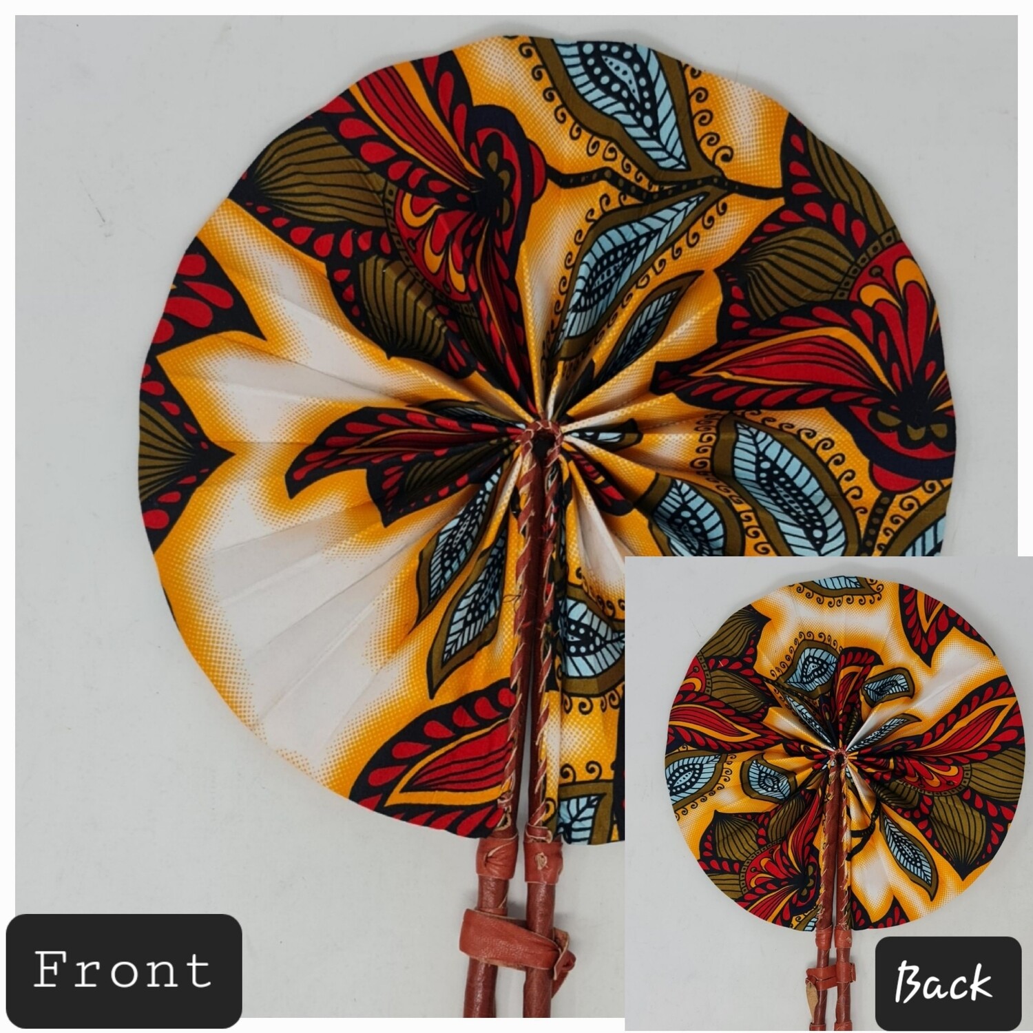 Handmade - Folding Hand Fan - African Print and Leather - Tina