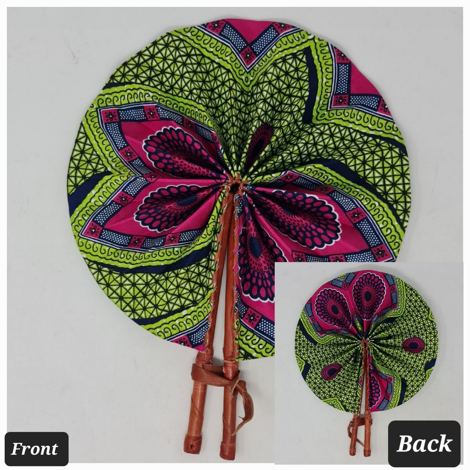Handmade - Folding Hand Fan - African Print and Leather - Sai