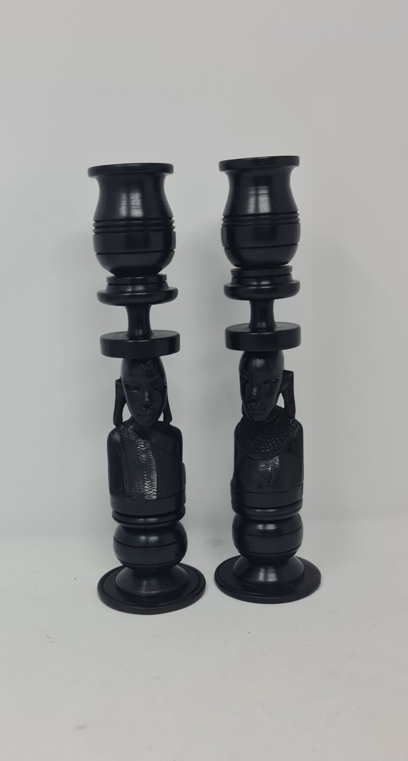 Hand Carved Ebony Wood Masai tribal face Candle Holder set  26cm