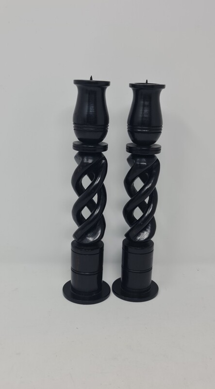 Hand Carved Ebony Wood Spiral Candle holder stands set  24cm