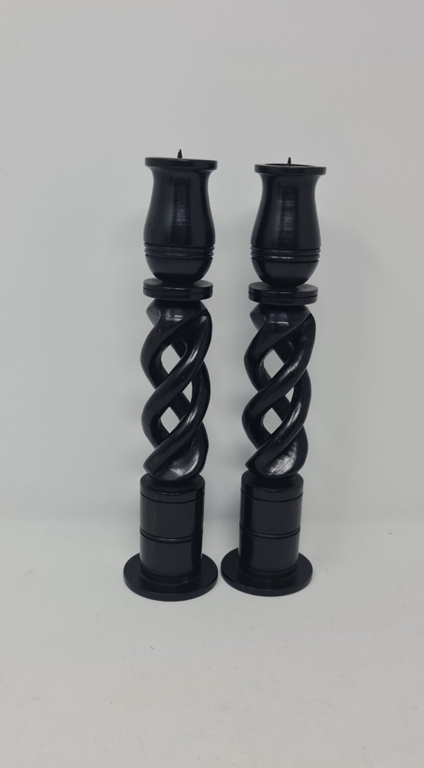 Hand Carved Ebony Wood Spiral Candle holder stands set  24cm