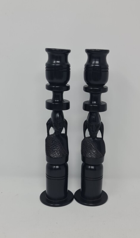 Hand Carved Ebony Wood Makonde face Candle holder set  24cm