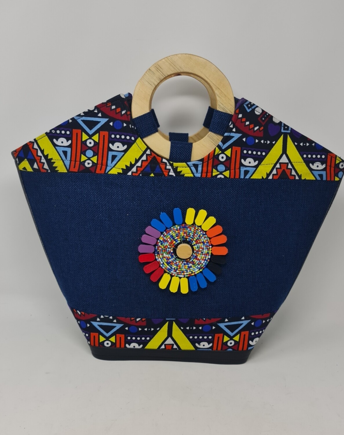 Wooden handle Handbag With Matching Clutch Bag - Dark Blue