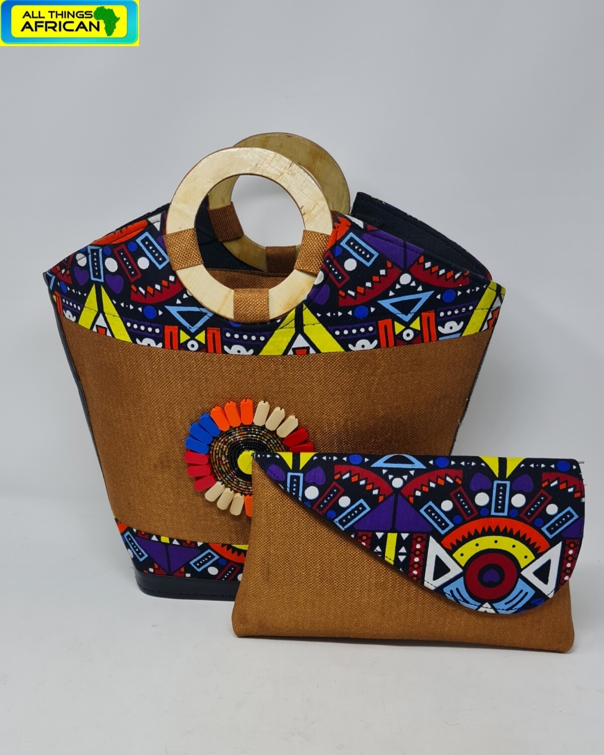 Wooden handle Handbag With Matching Clutch Bag - Asai