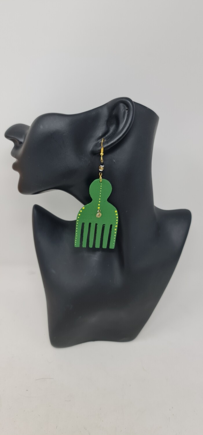 Afro comb - Hand Carved Wooden Earrings - 4cm x 7cm - Kija