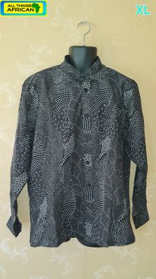 Longsleeved Men's Shirt African Print - XL - Black and white - Isaya