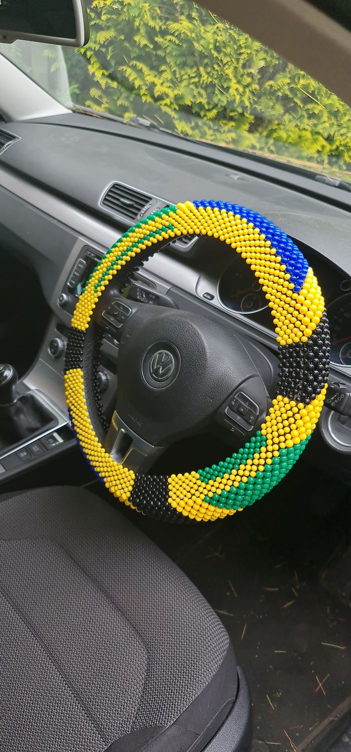 Handbeaded Steering Wheel Cover - Tanzania flag colours