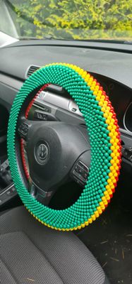 Handbeaded Steering Wheel Cover -  Green yellow and Red - Usukani