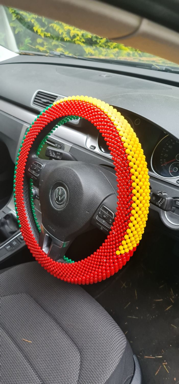 Handbeaded Steering Wheel Cover - Green yellow and Red - Ujuzi