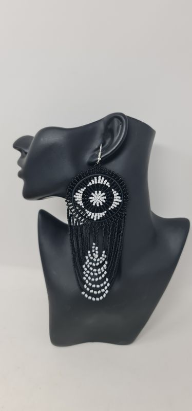 Mwamvuli Elegant Hand Beaded Earrings - Black and White  - 14cm