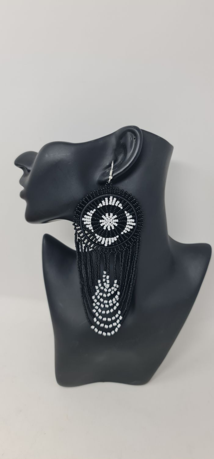 Mwamvuli Elegant Hand Beaded Earrings - Black and White - 14cm