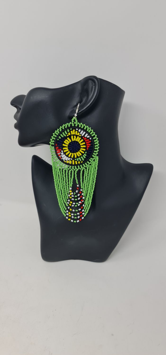 Mwamvuli Elegant Hand Beaded Earrings - Lime Green Mix  - 14cm