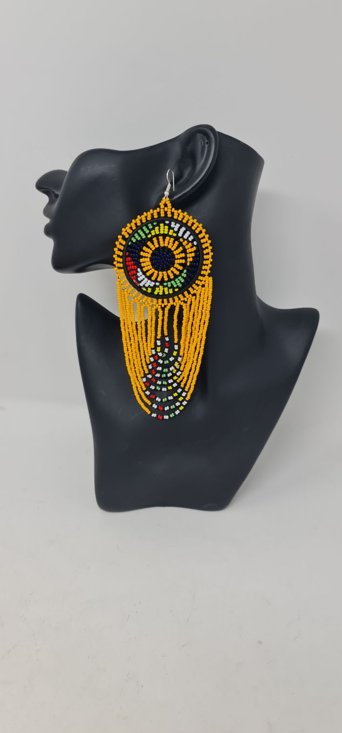 Mwamvuli Elegant Hand Beaded Earrings - Musterd Yellow Mix  - 14cm