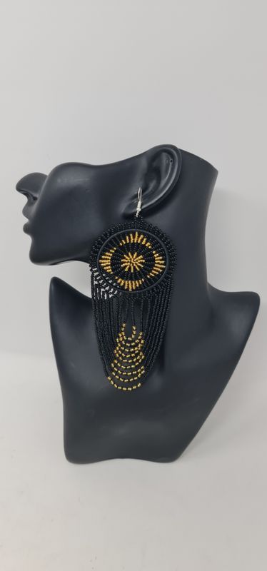 Mwamvuli Elegant Hand Beaded Earrings - Black and Gold  - 14cm