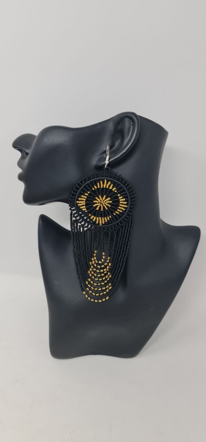 Mwamvuli Elegant Hand Beaded Earrings - Black and Gold  - 14cm