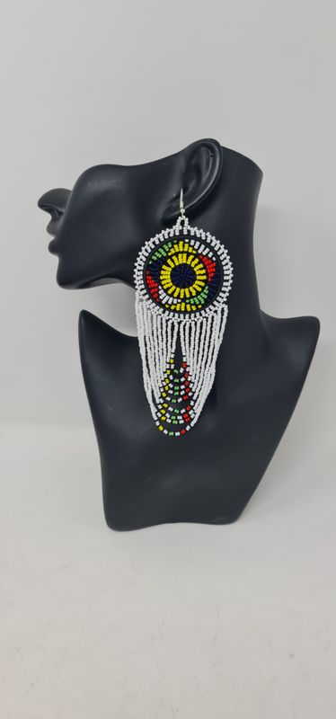 Mwamvuli Elegant Hand Beaded Earrings - White Mix  - 14cm