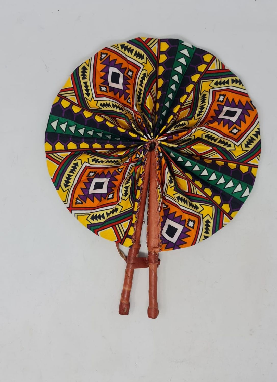 Handmade - Folding Hand Fan - African Print and Leather - Tina