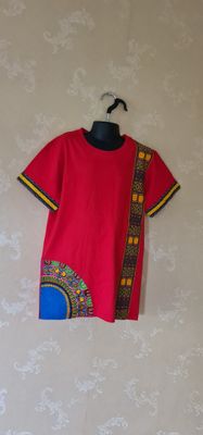 African Print T-Shirt - Small size Red Mix - Haki