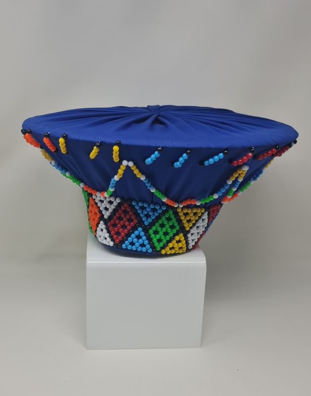 Traditional Isicholo Zulu Hat - Blue with beads - Rimia