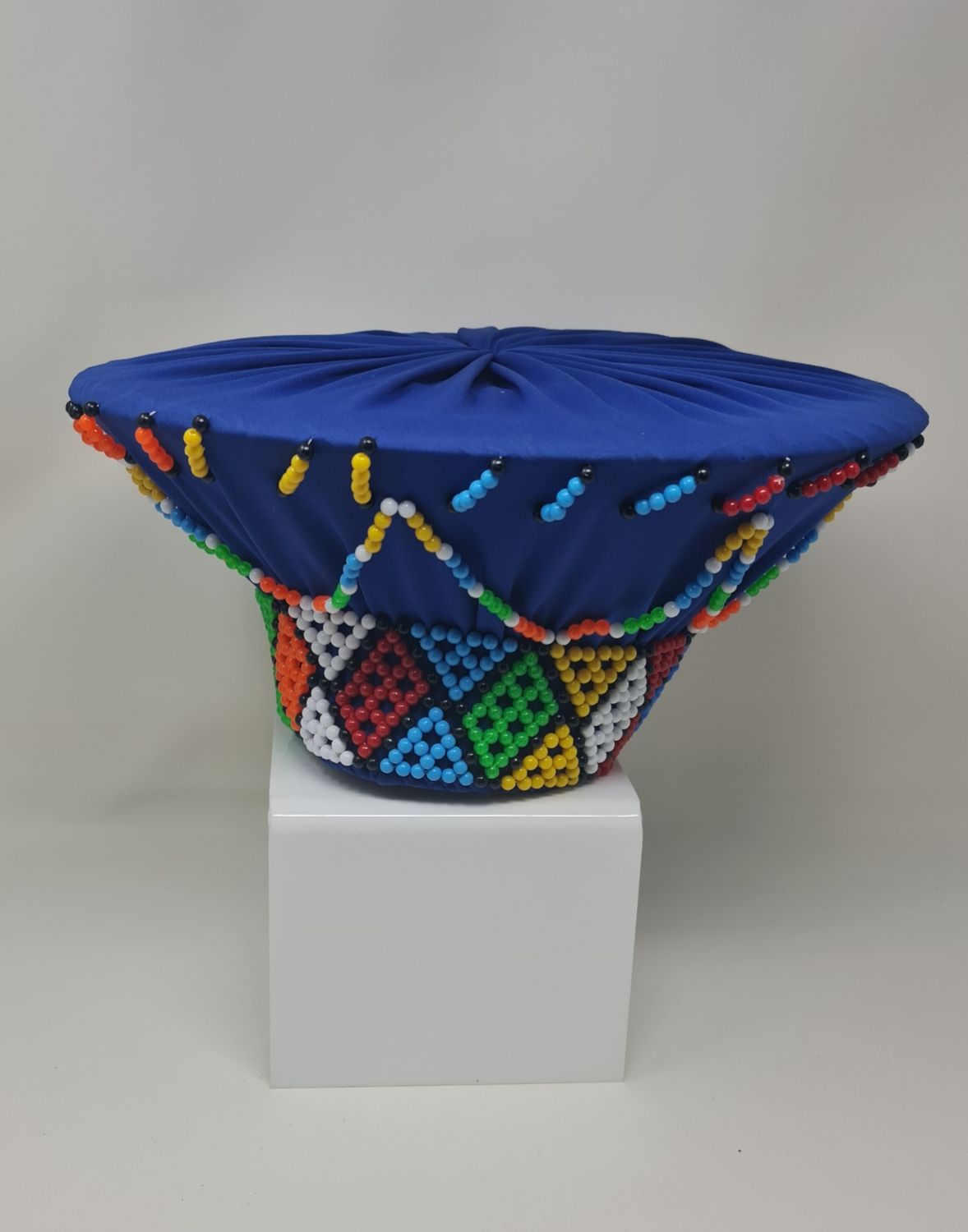 Traditional Isicholo Zulu Hat - Blue with beads - Rimia