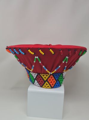 Traditional Isicholo Zulu Hat - Red with beads - Kailama