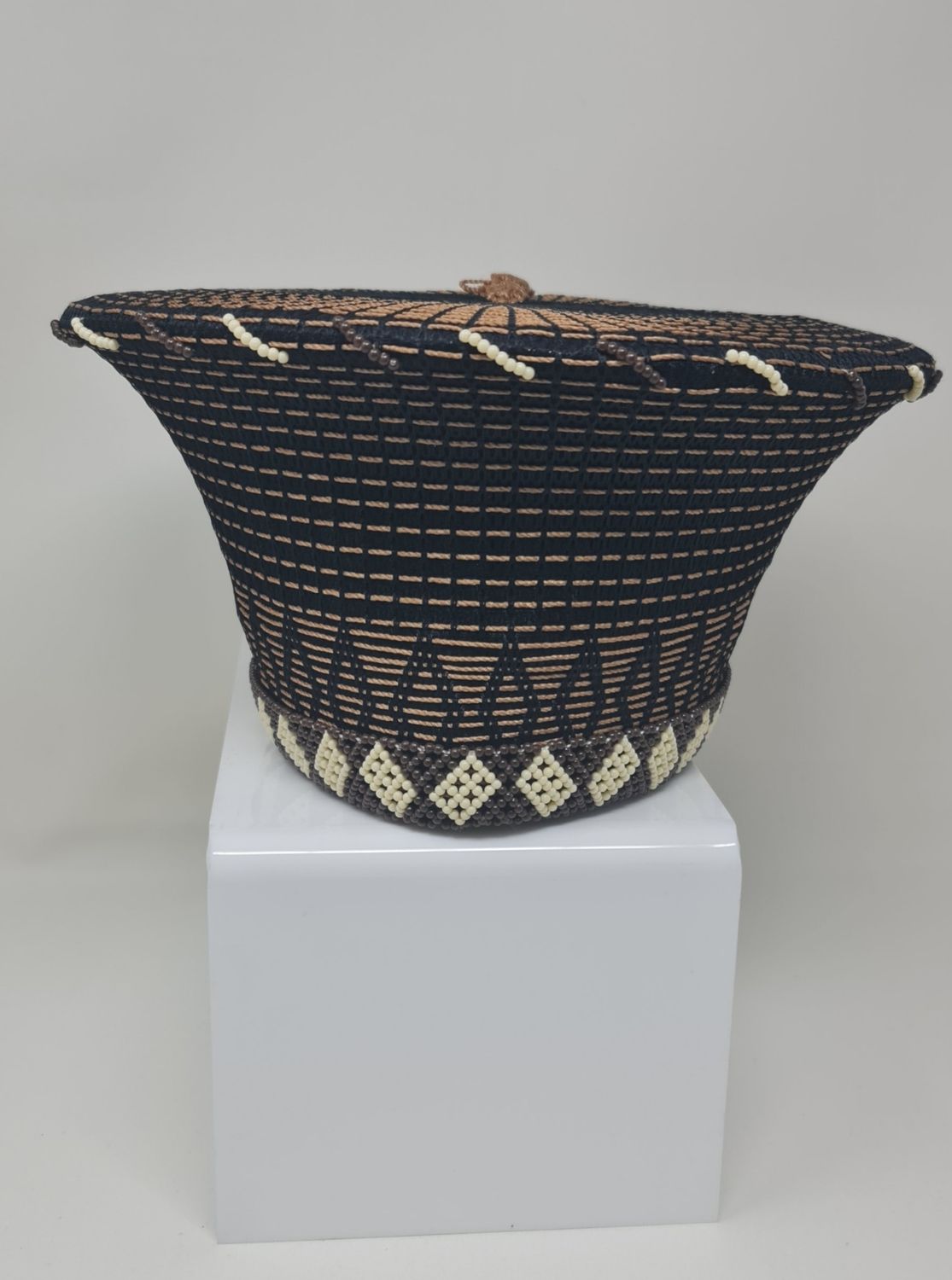 Medium size Traditional Isicholo Zulu Hat - Gold and black with beads