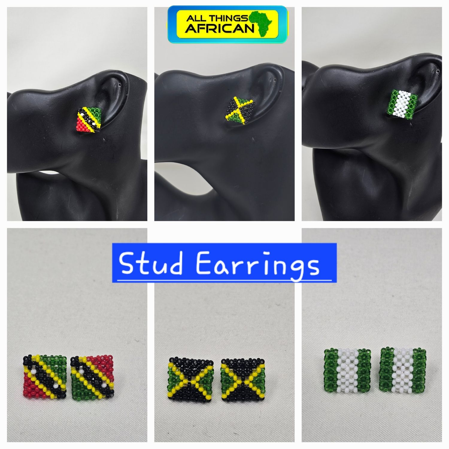 Handbeaded Stud Earrings  - Jamaica, St kitts &amp; Nevis and Nigeria Flag colours 1.5cm