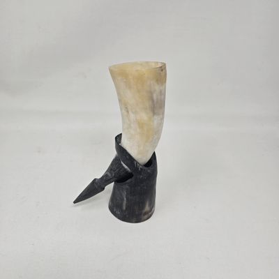 Unique Hand-Carved drinking cow horn with stand - Kajawa